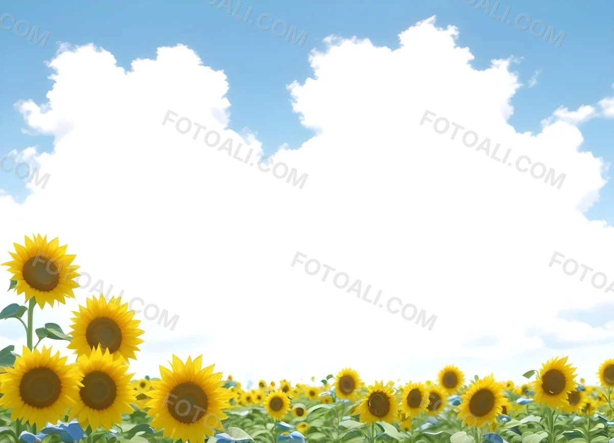 Digital Painting Two Sunflowers In A Green Field With Small Blue Flowers Blue Sky With White Clouds Sunny Day Bold And Slim Lines Brush Strokes 97 820e