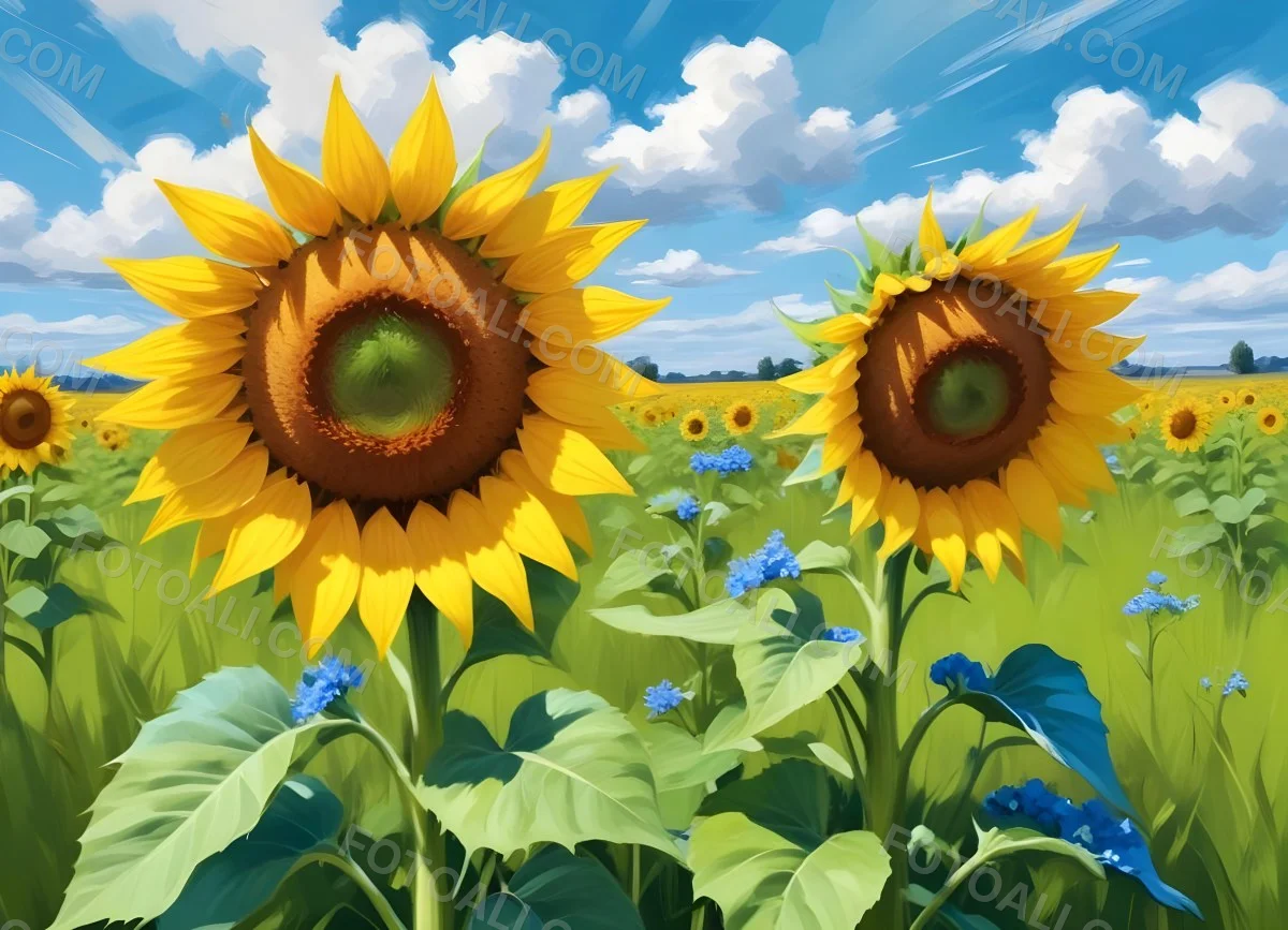 Digital Painting Two Sunflowers In A Green Field With Small Blue Flowers Blue Sky With White Clouds Sunny Day Bold And Slim Lines Brush Strokes 98 44e7
