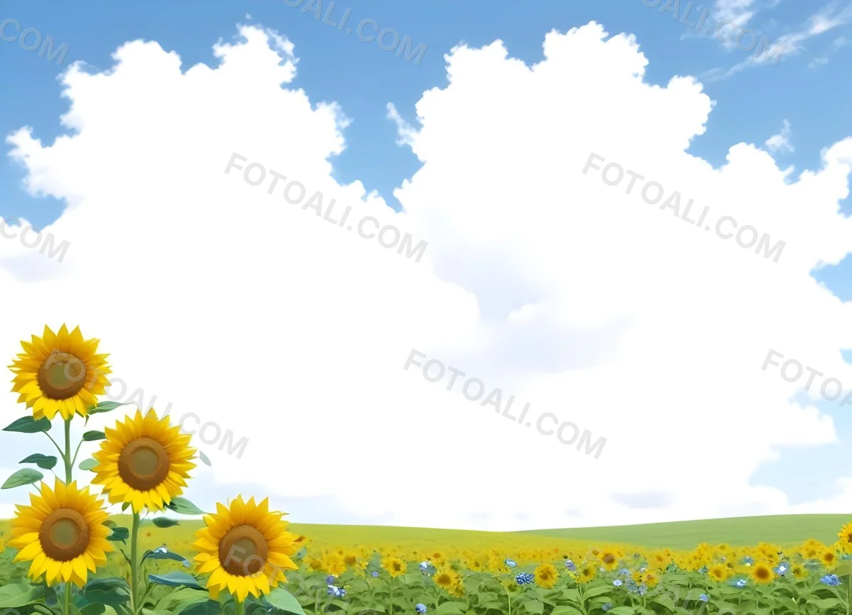 Digital Painting Two Sunflowers In A Green Field With Small Blue Flowers Blue Sky With White Clouds Sunny Day Bold And Slim Lines Brush Strokes 99 F9e3