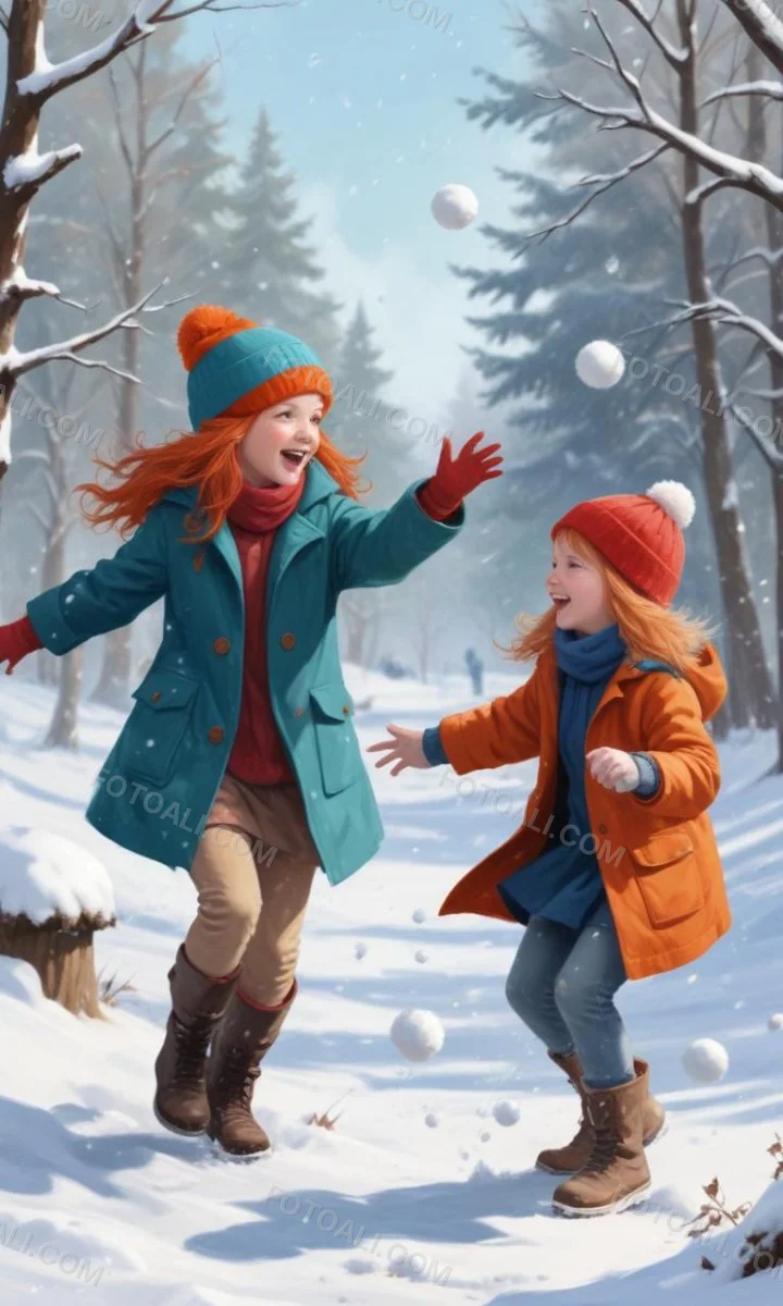 Digital Painting Two Young Girls Playing In The Snow Both Around 6 8 Years Old One Girl Has Red Hair And Is Wearing A Teal Jacket With A Red Hat While The Other Girl Has Blonde Hair And Is Dressed In An Orange Coat 11 2e14