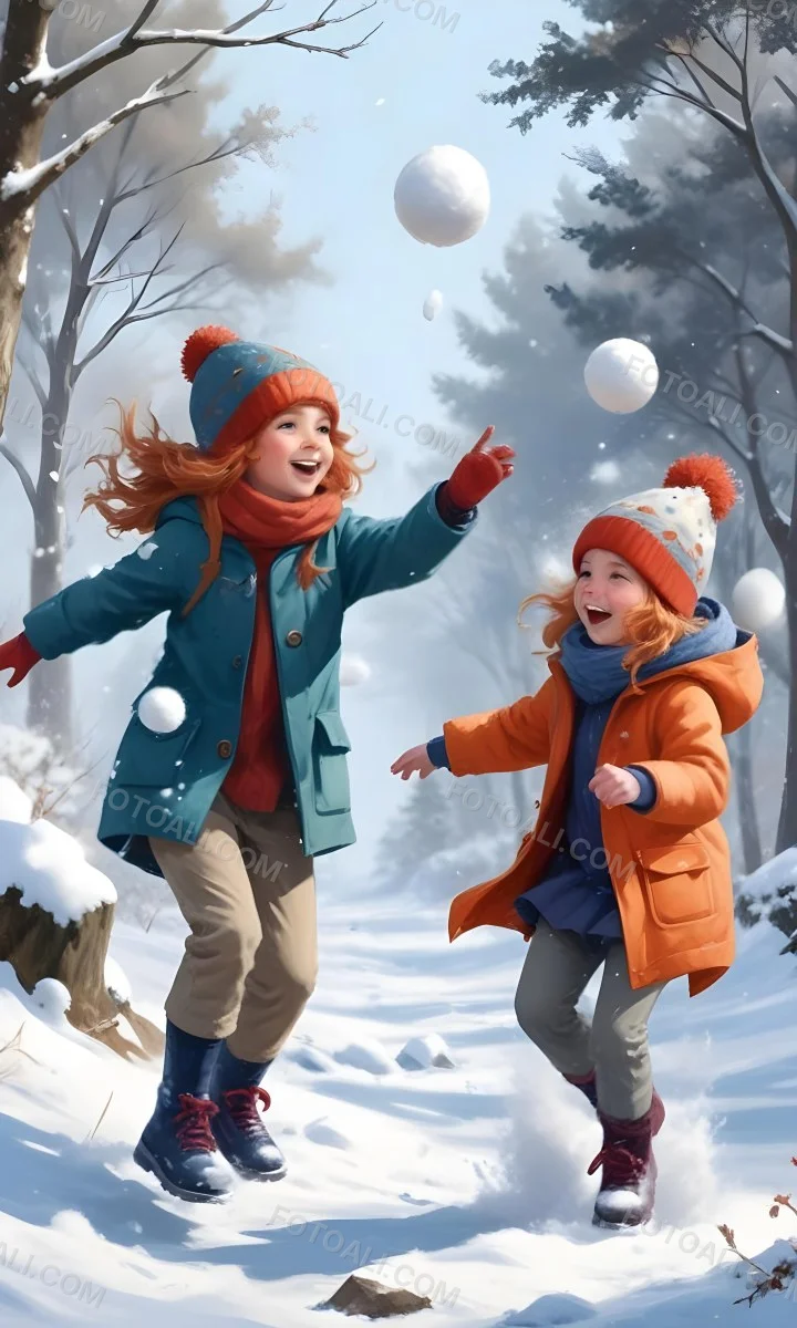 Digital Painting Two Young Girls Playing In The Snow Both Around 6 8 Years Old One Girl Has Red Hair And Is Wearing A Teal Jacket With A Red Hat While The Other Girl Has Blonde Hair And Is Dressed In An Orange Coat 12 0567