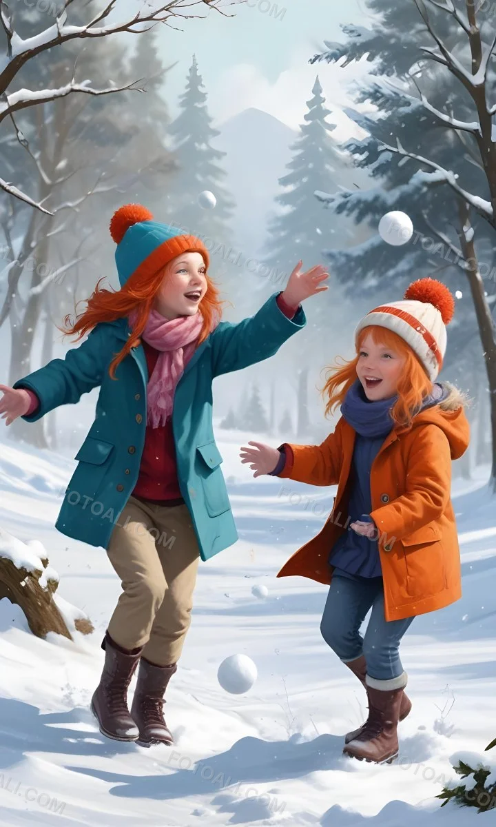 Digital Painting Two Young Girls Playing In The Snow Both Around 6 8 Years Old One Girl Has Red Hair And Is Wearing A Teal Jacket With A Red Hat While The Other Girl Has Blonde Hair And Is Dressed In An Orange Coat 4 D6e6