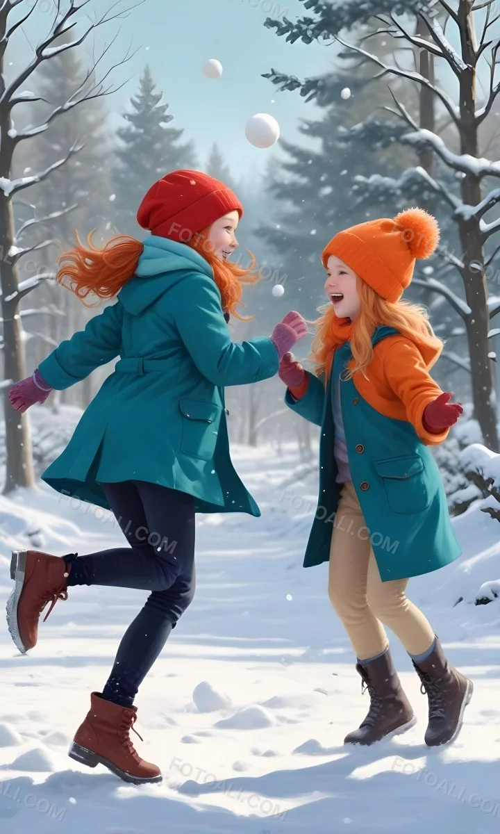 Digital Painting Two Young Girls Playing In The Snow Both Around 6 8 Years Old One Girl Has Red Hair And Is Wearing A Teal Jacket With A Red Hat While The Other Girl Has Blonde Hair And Is Dressed In An Orange Coat 5 1e1e
