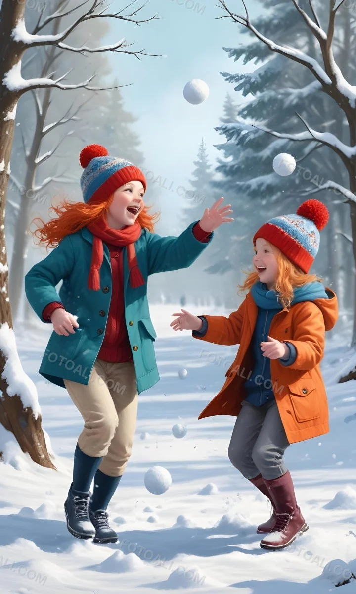 Digital Painting Two Young Girls Playing In The Snow Both Around 6 8 Years Old One Girl Has Red Hair And Is Wearing A Teal Jacket With A Red Hat While The Other Girl Has Blonde Hair And Is Dressed In An Orange Coat 8 Ec9f