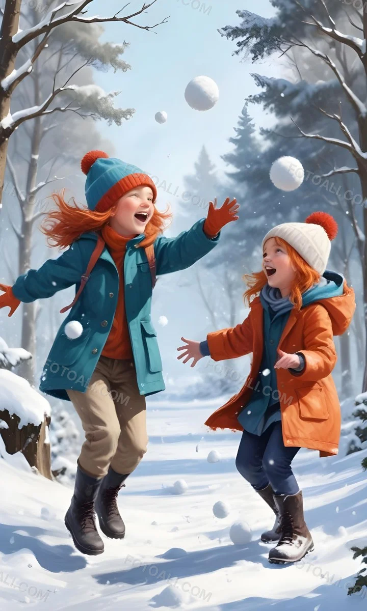 Digital Painting Two Young Girls Playing In The Snow Both Around 6 8 Years Old One Girl Has Red Hair And Is Wearing A Teal Jacket With A Red Hat While The Other Girl Has Blonde Hair And Is Dressed In An Orange Coat 9 8c2d
