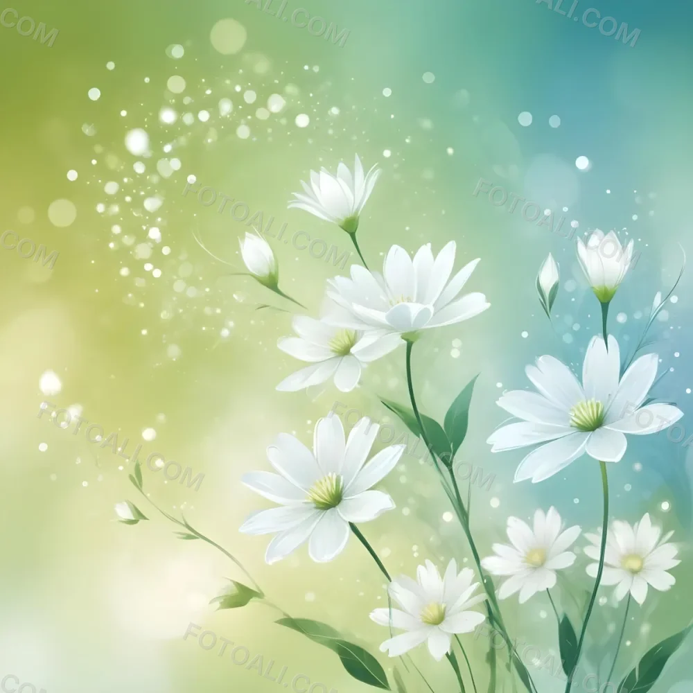 Digital Painting White Flowers With Circular Patterns On A Gradient Background Of Green And Blue Creating A Soft Bokeh Effect With Blurred Lights Bold And Slim Lines Brush Strokes 12 3b53