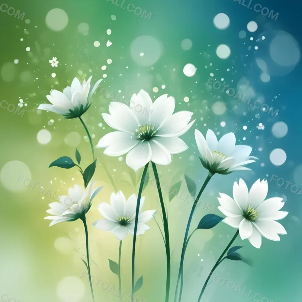 Digital Painting White Flowers With Circular Patterns On A Gradient Background Of Green And Blue Creating A Soft Bokeh Effect With Blurred Lights Bold And Slim Lines Brush Strokes 39 7c87