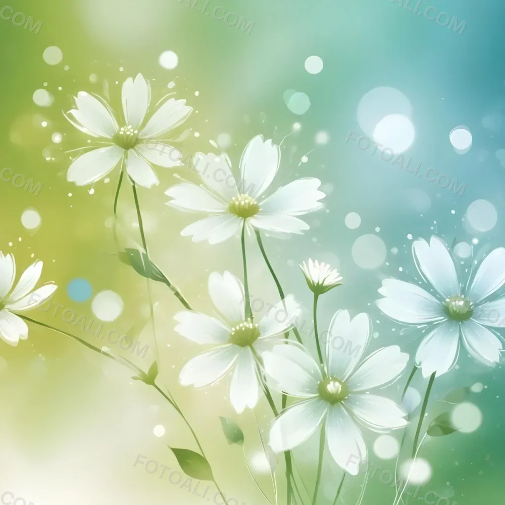 Digital Painting White Flowers With Circular Patterns On A Gradient Background Of Green And Blue Creating A Soft Bokeh Effect With Blurred Lights Bold And Slim Lines Brush Strokes 41 219c