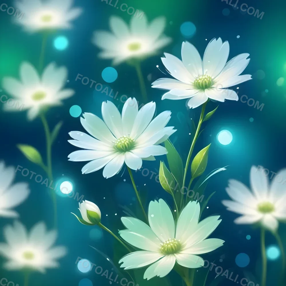Digital Painting White Flowers With Circular Patterns On A Gradient Background Of Green And Blue Creating A Soft Bokeh Effect With Blurred Lights Bold And Slim Lines Brush Strokes 5 645e