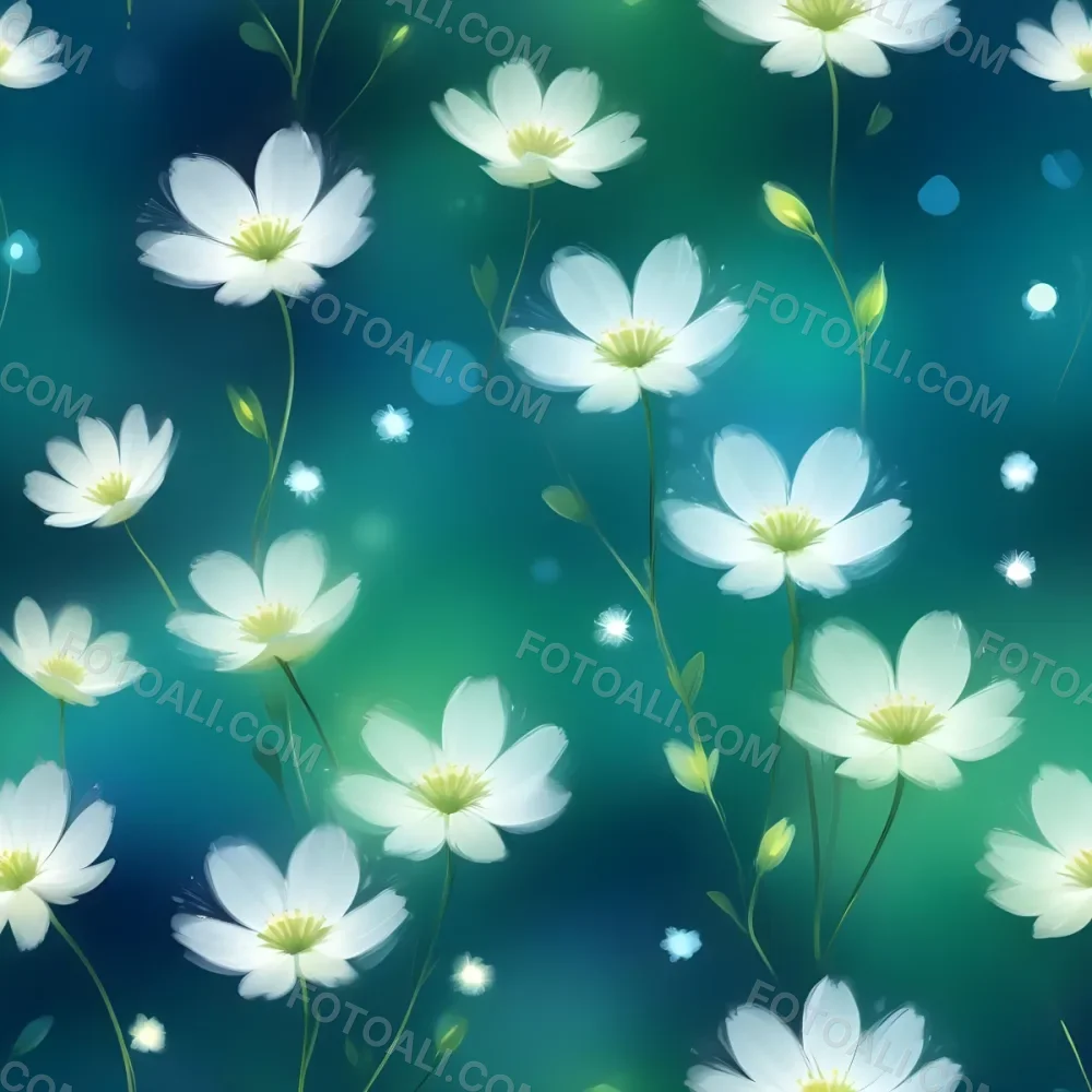 Digital Painting White Flowers With Circular Patterns On A Gradient Background Of Green And Blue Creating A Soft Bokeh Effect With Blurred Lights Bold And Slim Lines Brush Strokes 6 7518