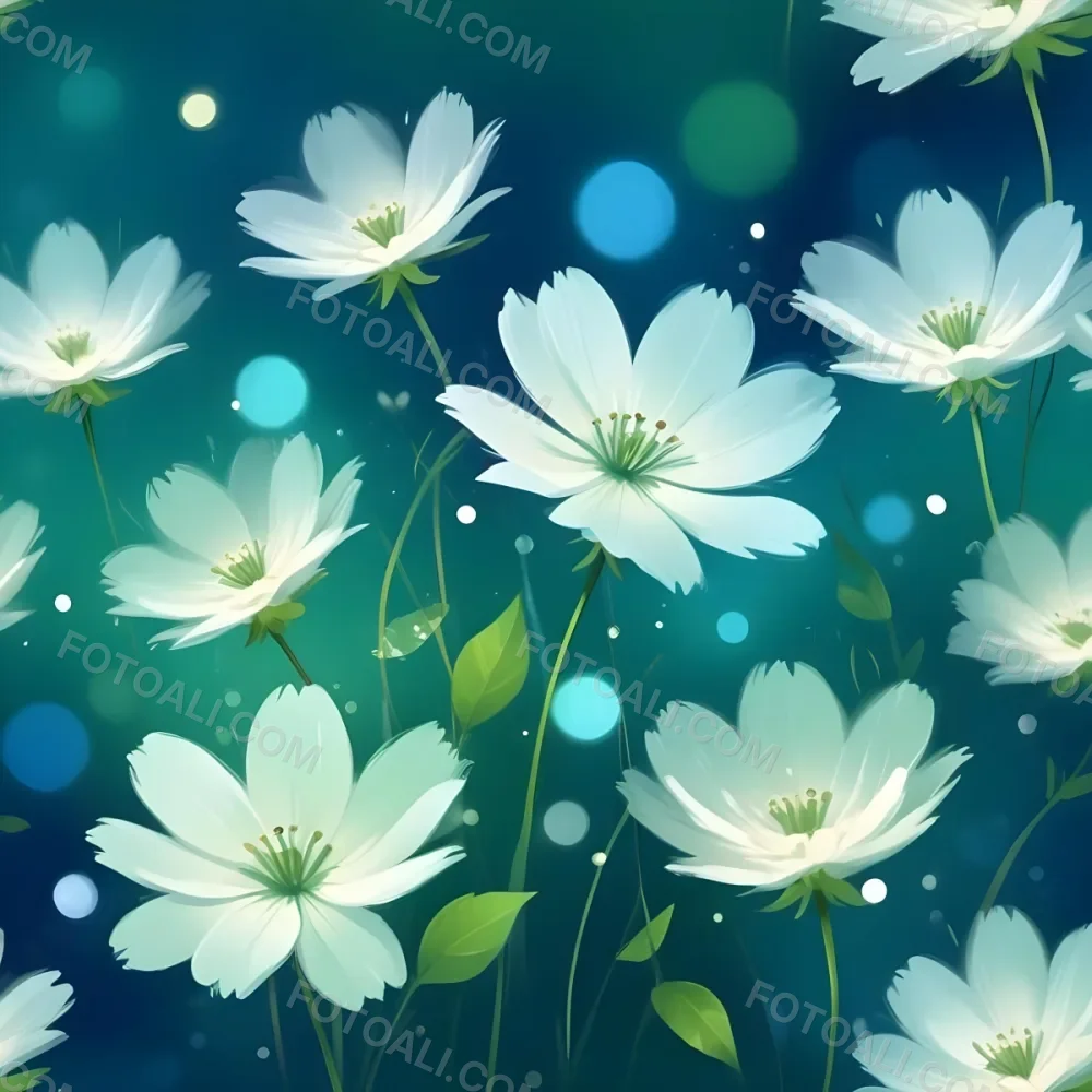 Digital Painting White Flowers With Circular Patterns On A Gradient Background Of Green And Blue Creating A Soft Bokeh Effect With Blurred Lights Bold And Slim Lines Brush Strokes 8 1b1d