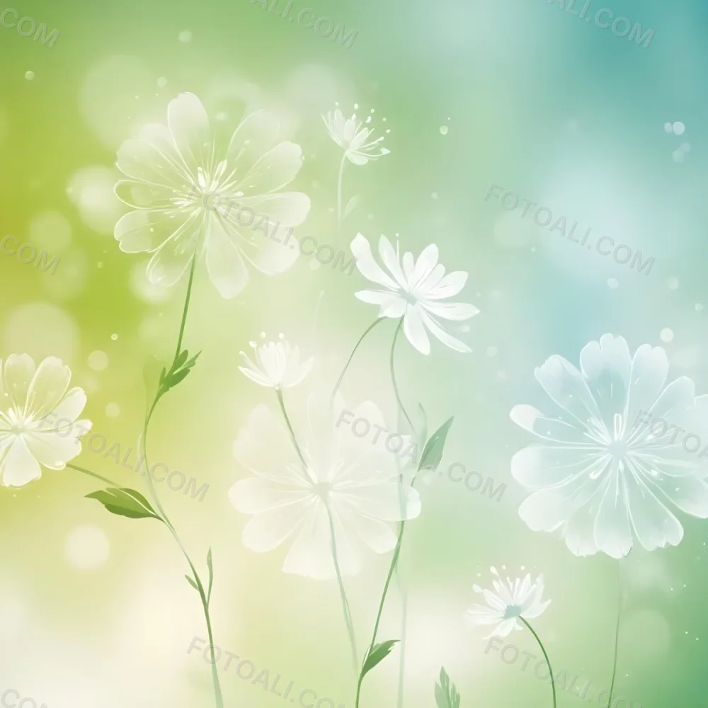 Digital Painting White Flowers With Circular Patterns On A Gradient Background Of Green And Blue Creating A Soft Bokeh Effect With Blurred Lights Bold And Slim Lines Brush Strokes 9 Bba0