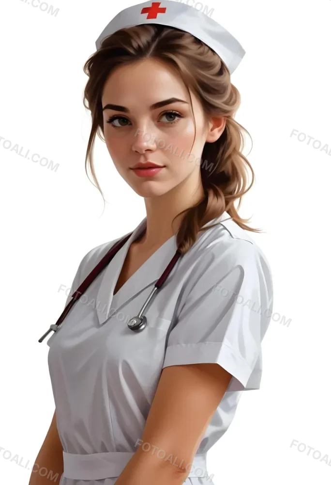 Digital Painting White Woman 22 Years Old Brown Hair Wearing A Nurse Uniform White Background Bold And Slim Lines Brush Strokes 10 761e