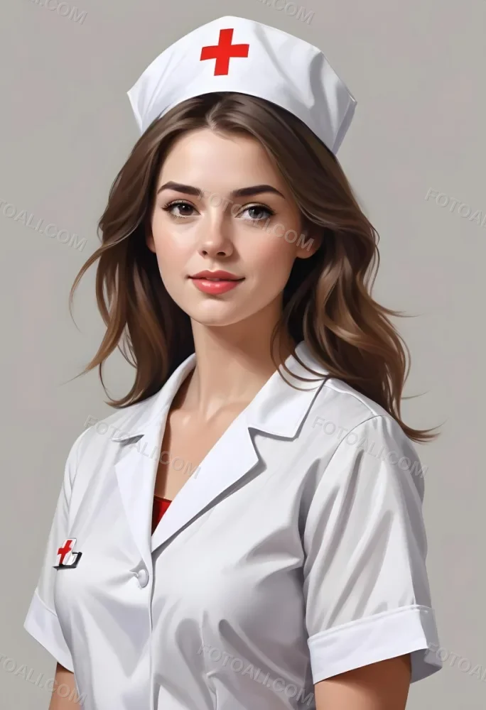 Digital Painting White Woman 22 Years Old Brown Hair Wearing A Nurse Uniform White Background Bold And Slim Lines Brush Strokes 4 Bcb7