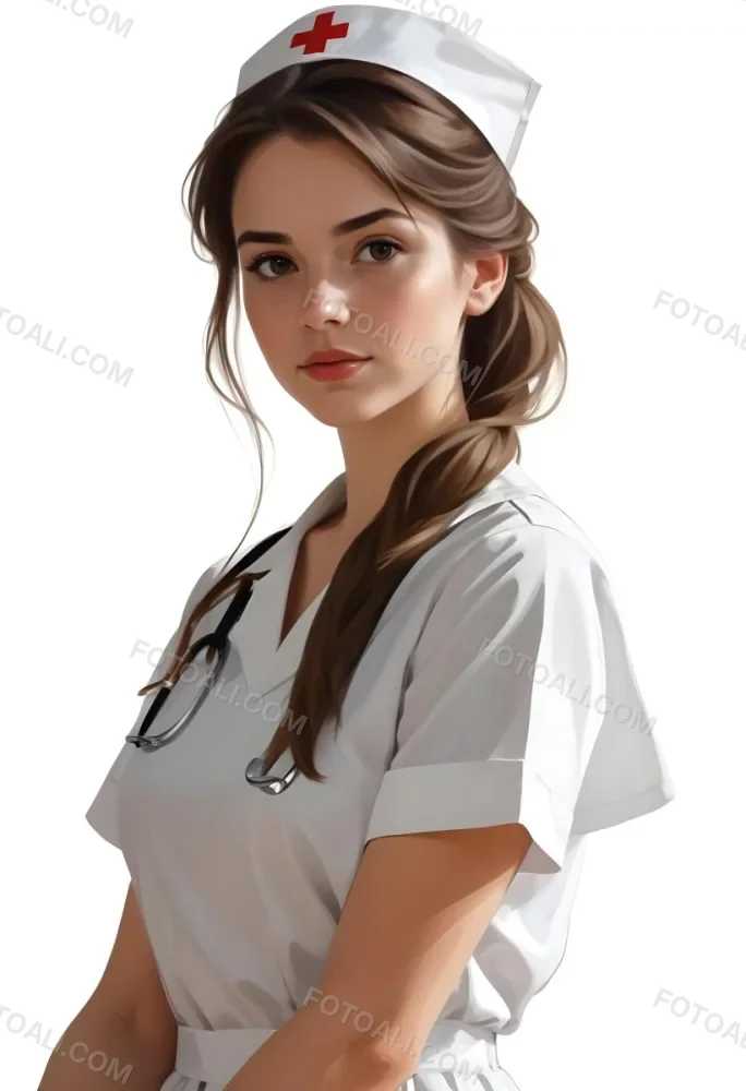 Digital Painting White Woman 22 Years Old Brown Hair Wearing A Nurse Uniform White Background Bold And Slim Lines Brush Strokes 5 5379