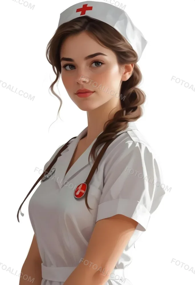 Digital Painting White Woman 22 Years Old Brown Hair Wearing A Nurse Uniform White Background Bold And Slim Lines Brush Strokes 8 598a
