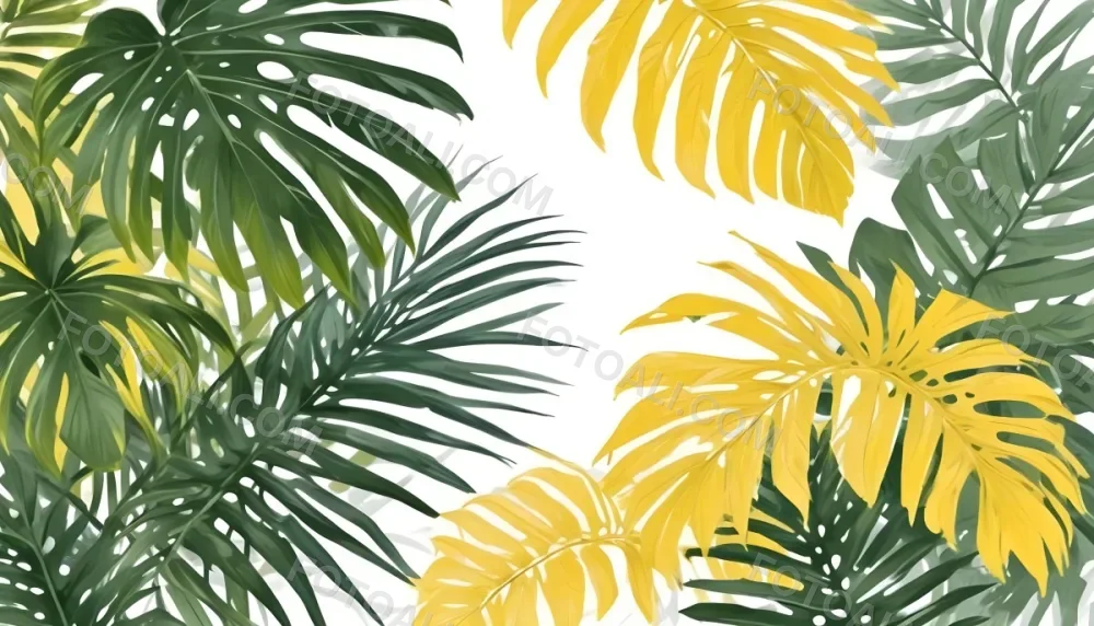 Digital Painting Yellow Tropical Leaves With A White Rectangle In The Middle Palm Leaves Monstera Leaves Fern Leaves Isolated On White Background Bold And Slim Lines Brush Strokes 13 519c