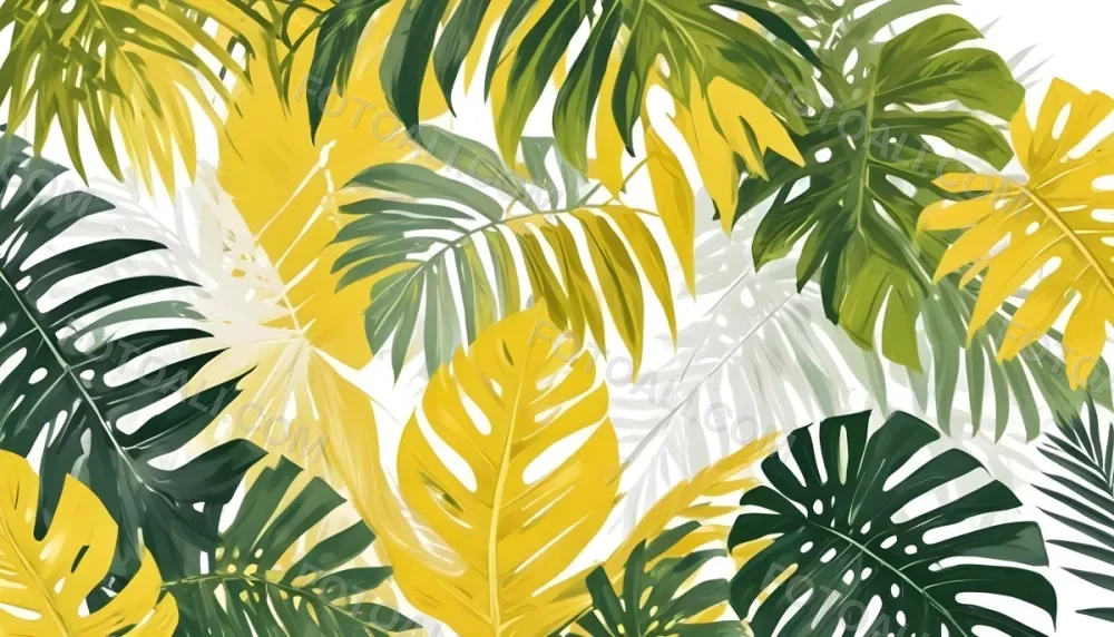 Digital Painting Yellow Tropical Leaves With A White Rectangle In The Middle Palm Leaves Monstera Leaves Fern Leaves Isolated On White Background Bold And Slim Lines Brush Strokes 15 Ad41