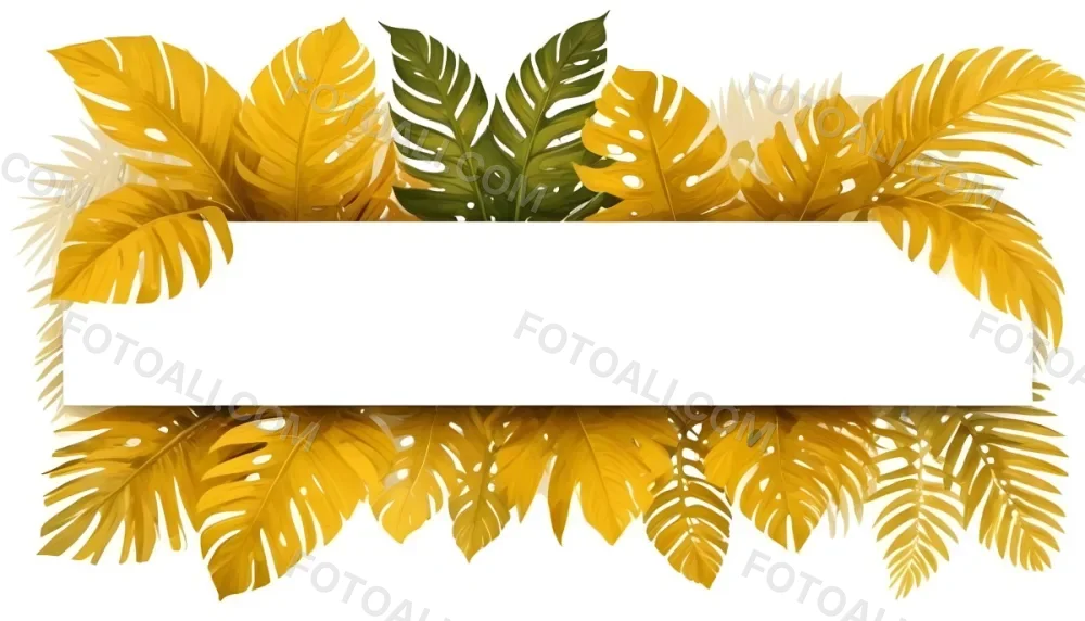 Digital Painting Yellow Tropical Leaves With A White Rectangle In The Middle Palm Leaves Monstera Leaves Fern Leaves Isolated On White Background Bold And Slim Lines Brush Strokes 27 E740