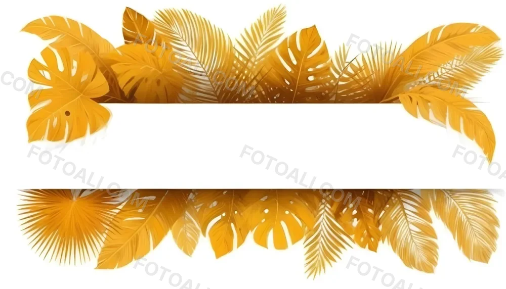 Digital Painting Yellow Tropical Leaves With A White Rectangle In The Middle Palm Leaves Monstera Leaves Fern Leaves Isolated On White Background Bold And Slim Lines Brush Strokes 28 D144