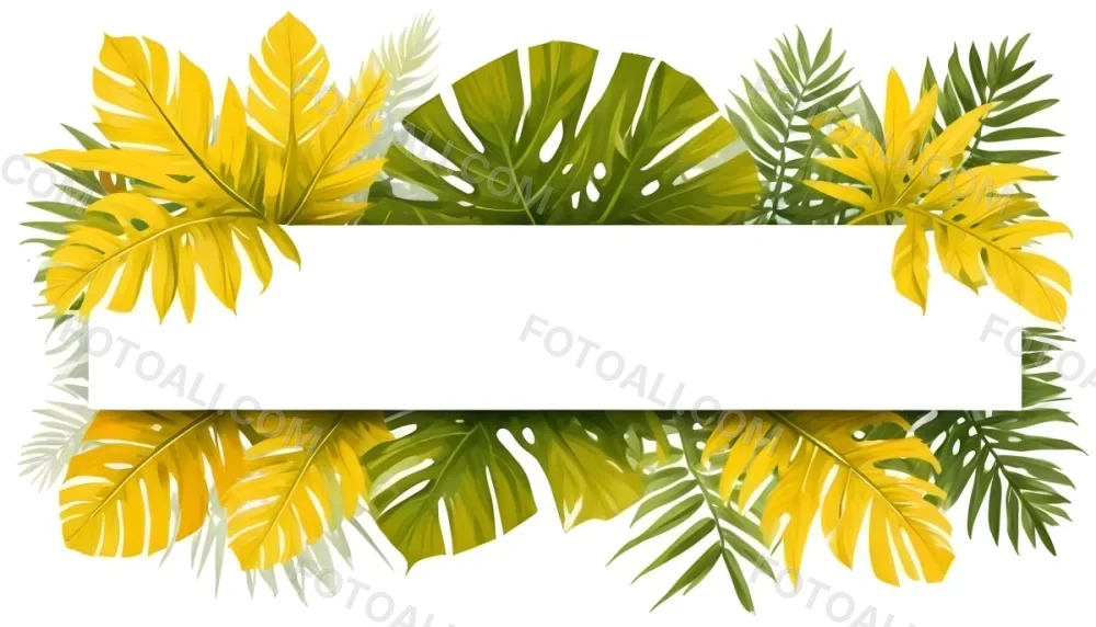 Digital Painting Yellow Tropical Leaves With A White Rectangle In The Middle Palm Leaves Monstera Leaves Fern Leaves Isolated On White Background Bold And Slim Lines Brush Strokes 3 66fd