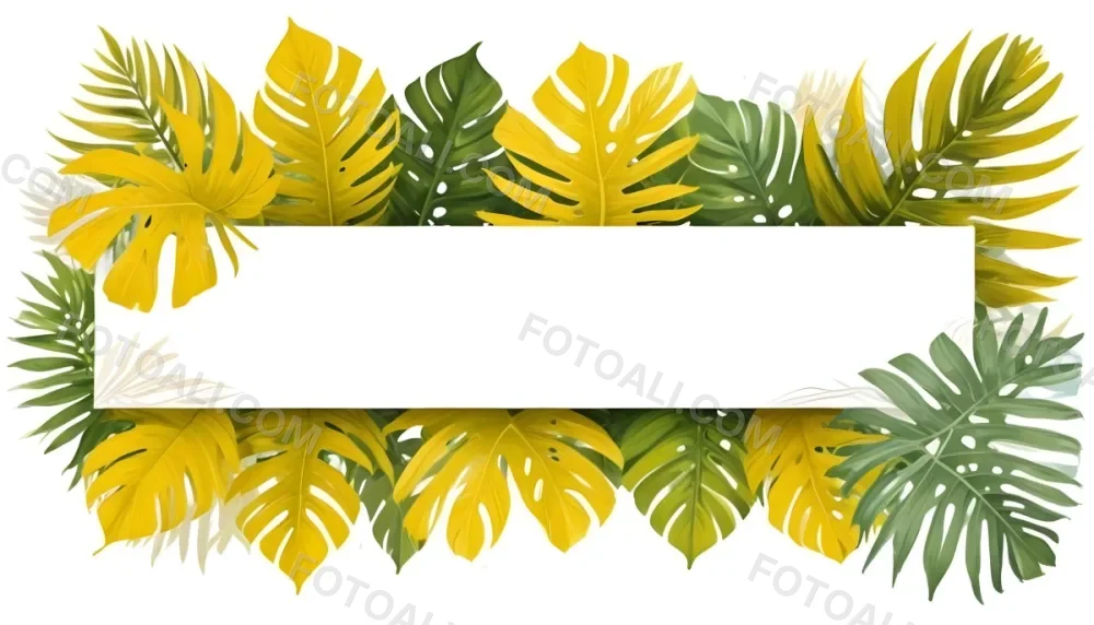 Digital Painting Yellow Tropical Leaves With A White Rectangle In The Middle Palm Leaves Monstera Leaves Fern Leaves Isolated On White Background Bold And Slim Lines Brush Strokes 6 E6cc