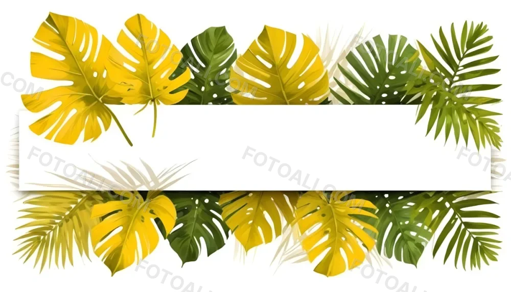 Digital Painting Yellow Tropical Leaves With A White Rectangle In The Middle Palm Leaves Monstera Leaves Fern Leaves Isolated On White Background Bold And Slim Lines Brush Strokes 7 0939