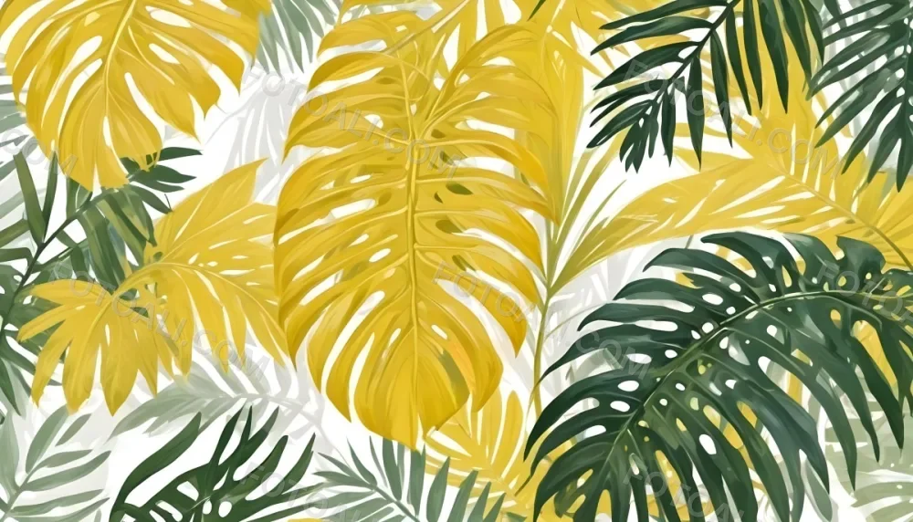 Digital Painting Yellow Tropical Leaves With A White Rectangle In The Middle Palm Leaves Monstera Leaves Fern Leaves Isolated On White Background Bold And Slim Lines Brush Strokes 9 16a2