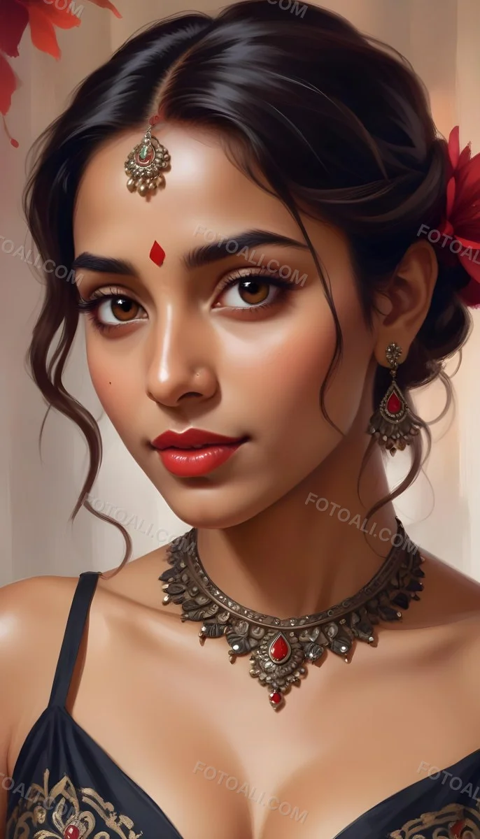 Digital Painting Young South Asian Woman With Medium Brown Skin And Long Dark Wavy Hair Adorned With A Red Flower She Has Large Expressive Brown Eyes And Is Wearing Traditional Jewelry Including A Necklace And Earr 11 Cb09