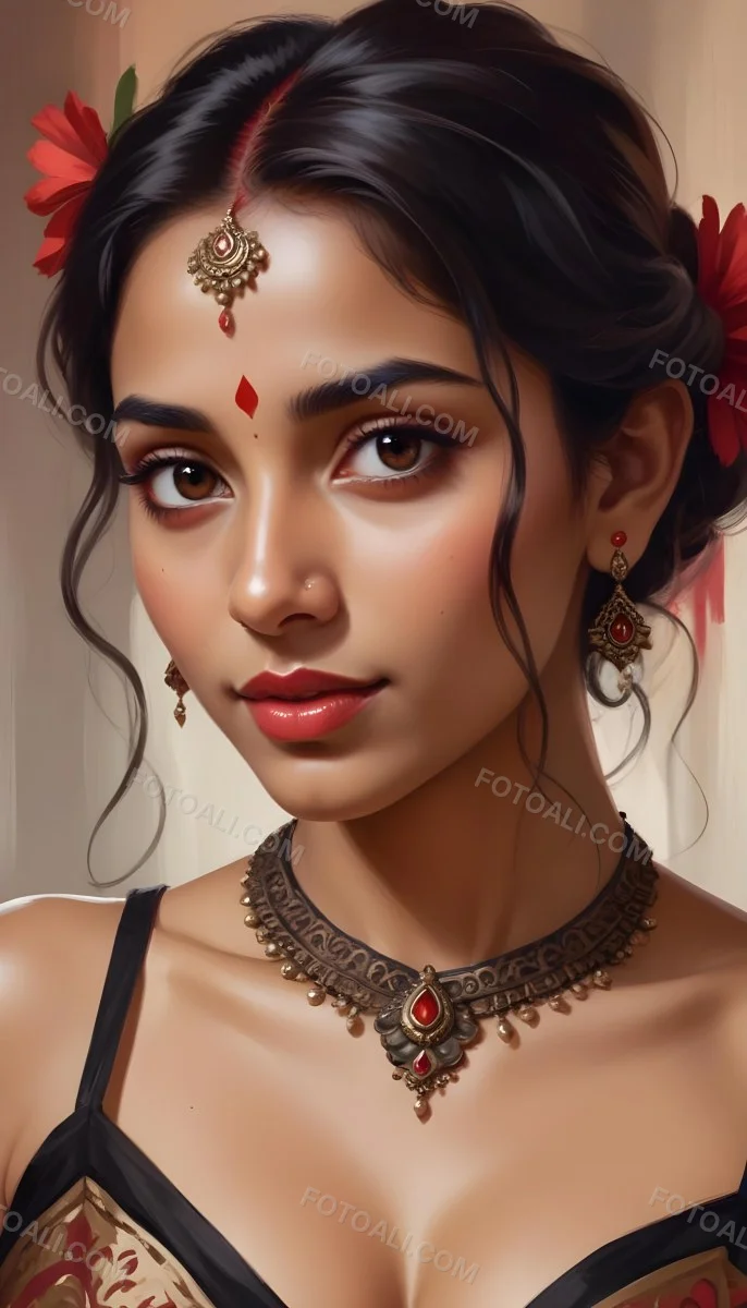 Digital Painting Young South Asian Woman With Medium Brown Skin And Long Dark Wavy Hair Adorned With A Red Flower She Has Large Expressive Brown Eyes And Is Wearing Traditional Jewelry Including A Necklace And Earr 15 E029