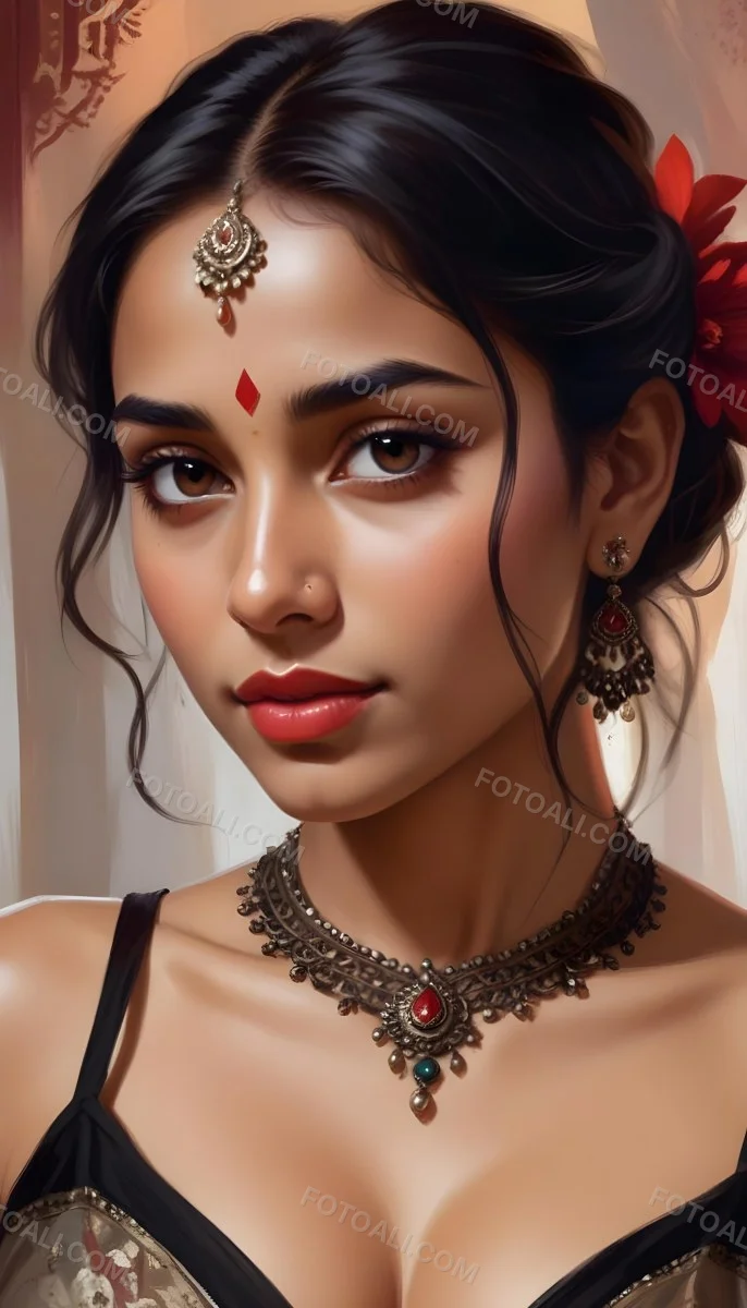 Digital Painting Young South Asian Woman With Medium Brown Skin And Long Dark Wavy Hair Adorned With A Red Flower She Has Large Expressive Brown Eyes And Is Wearing Traditional Jewelry Including A Necklace And Earr 21 224d