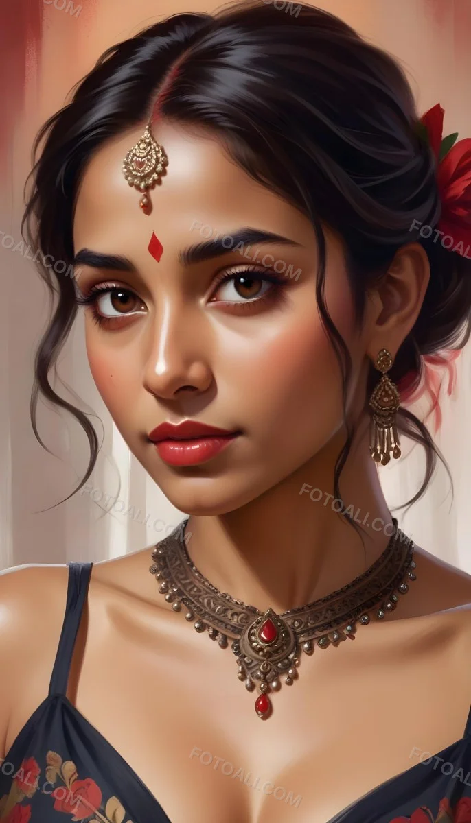 Digital Painting Young South Asian Woman With Medium Brown Skin And Long Dark Wavy Hair Adorned With A Red Flower She Has Large Expressive Brown Eyes And Is Wearing Traditional Jewelry Including A Necklace And Earr 25 Ea6e