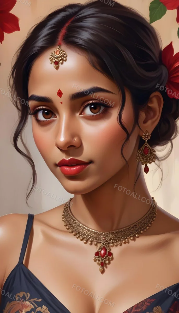 Digital Painting Young South Asian Woman With Medium Brown Skin And Long Dark Wavy Hair Adorned With A Red Flower She Has Large Expressive Brown Eyes And Is Wearing Traditional Jewelry Including A Necklace And Earr 27 2564