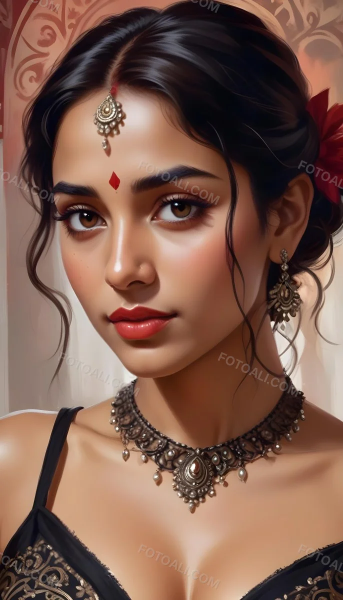 Digital Painting Young South Asian Woman With Medium Brown Skin And Long Dark Wavy Hair Adorned With A Red Flower She Has Large Expressive Brown Eyes And Is Wearing Traditional Jewelry Including A Necklace And Earr 3 1e1d