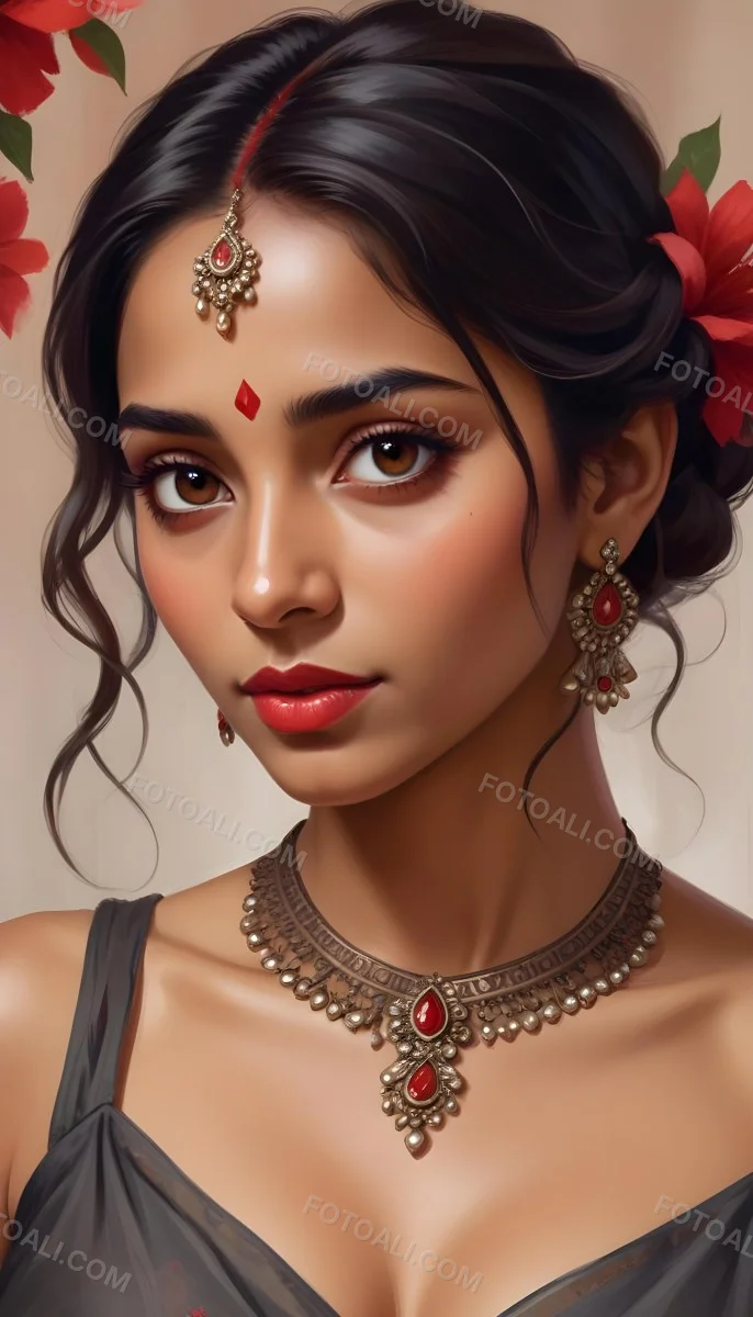 Digital Painting Young South Asian Woman With Medium Brown Skin And Long Dark Wavy Hair Adorned With A Red Flower She Has Large Expressive Brown Eyes And Is Wearing Traditional Jewelry Including A Necklace And Earr 33 D68f