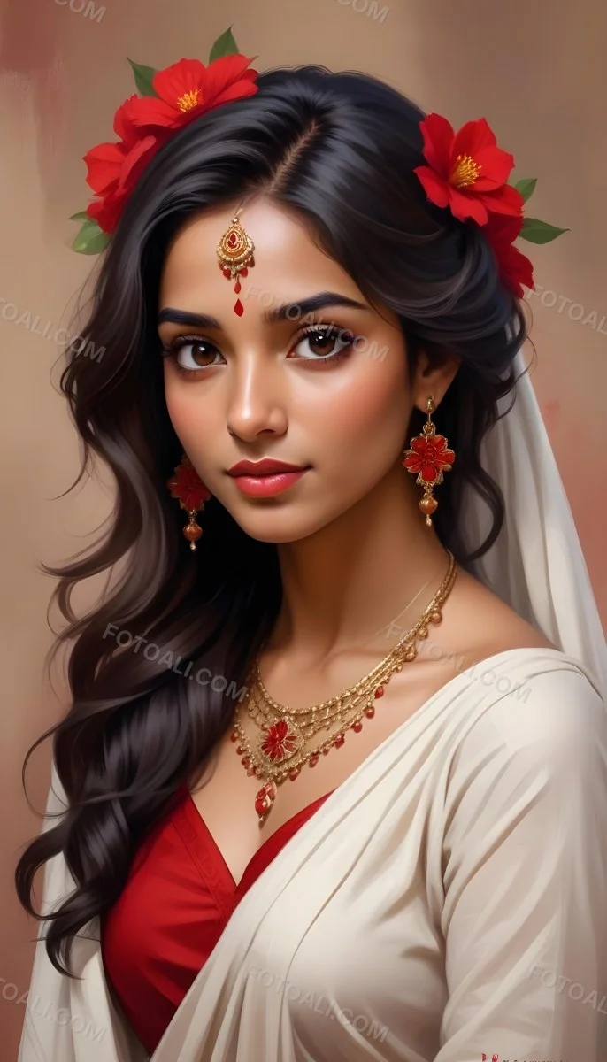 Digital Painting Young South Asian Woman With Medium Brown Skin And Long Dark Wavy Hair Adorned With A Red Flower She Has Large Expressive Brown Eyes And Is Wearing Traditional Jewelry Including A Necklace And Earr 39 6f6c