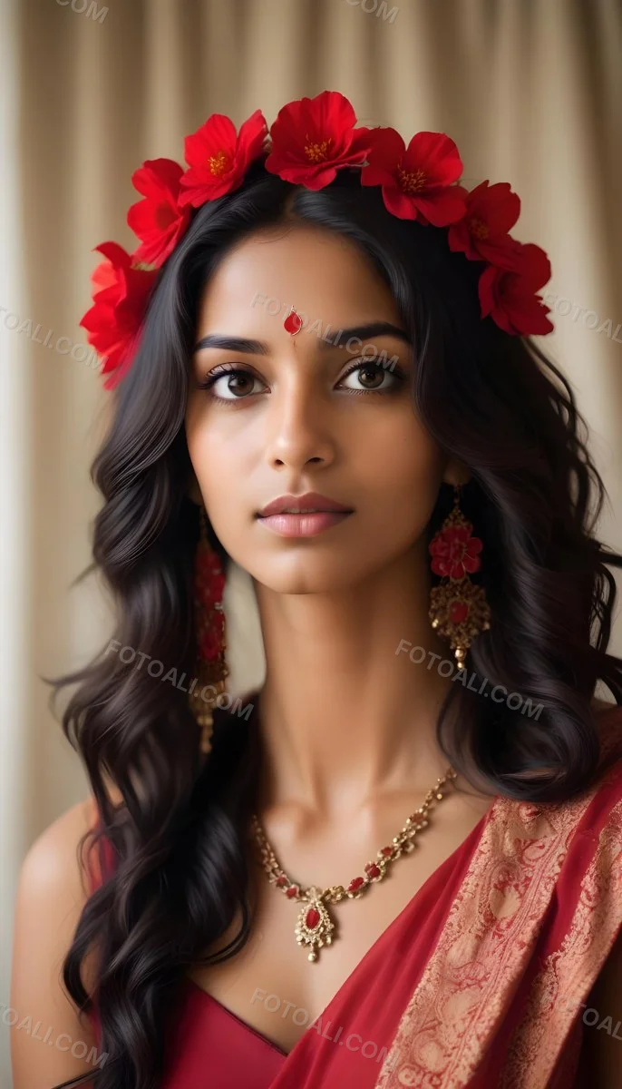 Digital Painting Young South Asian Woman With Medium Brown Skin And Long Dark Wavy Hair Adorned With A Red Flower She Has Large Expressive Brown Eyes And Is Wearing Traditional Jewelry Including A Necklace And Earr 42 1485