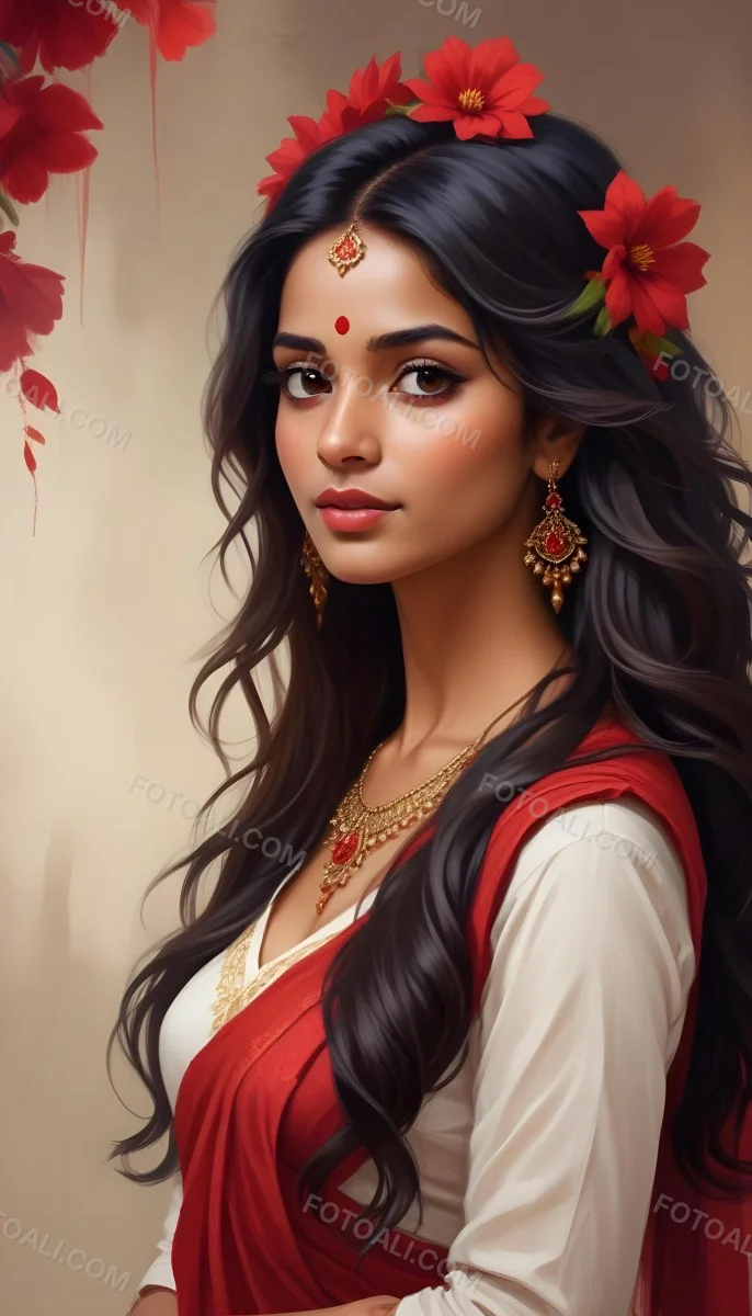 Digital Painting Young South Asian Woman With Medium Brown Skin And Long Dark Wavy Hair Adorned With A Red Flower She Has Large Expressive Brown Eyes And Is Wearing Traditional Jewelry Including A Necklace And Earr 50 23fa