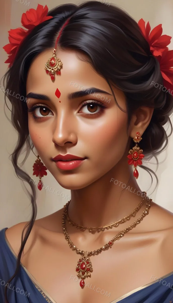 Digital Painting Young South Asian Woman With Medium Brown Skin And Long Dark Wavy Hair Adorned With A Red Flower She Has Large Expressive Brown Eyes And Is Wearing Traditional Jewelry Including A Necklace And Earr 51 4ced