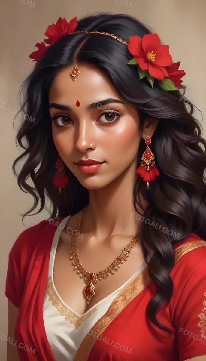 Digital Painting Young South Asian Woman With Medium Brown Skin And Long Dark Wavy Hair Adorned With A Red Flower She Has Large Expressive Brown Eyes And Is Wearing Traditional Jewelry Including A Necklace And Earr 52 D232