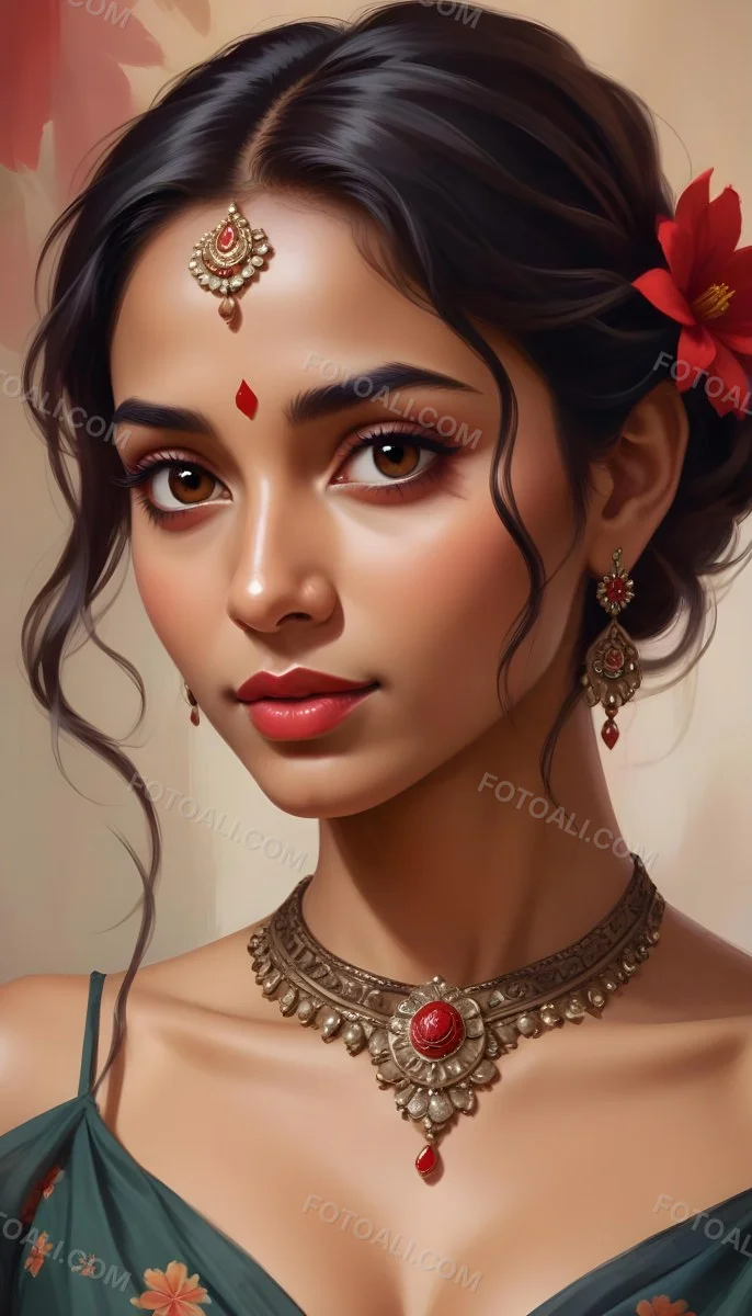 Digital Painting Young South Asian Woman With Medium Brown Skin And Long Dark Wavy Hair Adorned With A Red Flower She Has Large Expressive Brown Eyes And Is Wearing Traditional Jewelry Including A Necklace And Earr 53 B65d