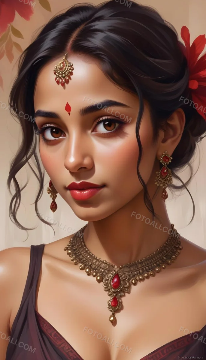 Digital Painting Young South Asian Woman With Medium Brown Skin And Long Dark Wavy Hair Adorned With A Red Flower She Has Large Expressive Brown Eyes And Is Wearing Traditional Jewelry Including A Necklace And Earr 54 023a