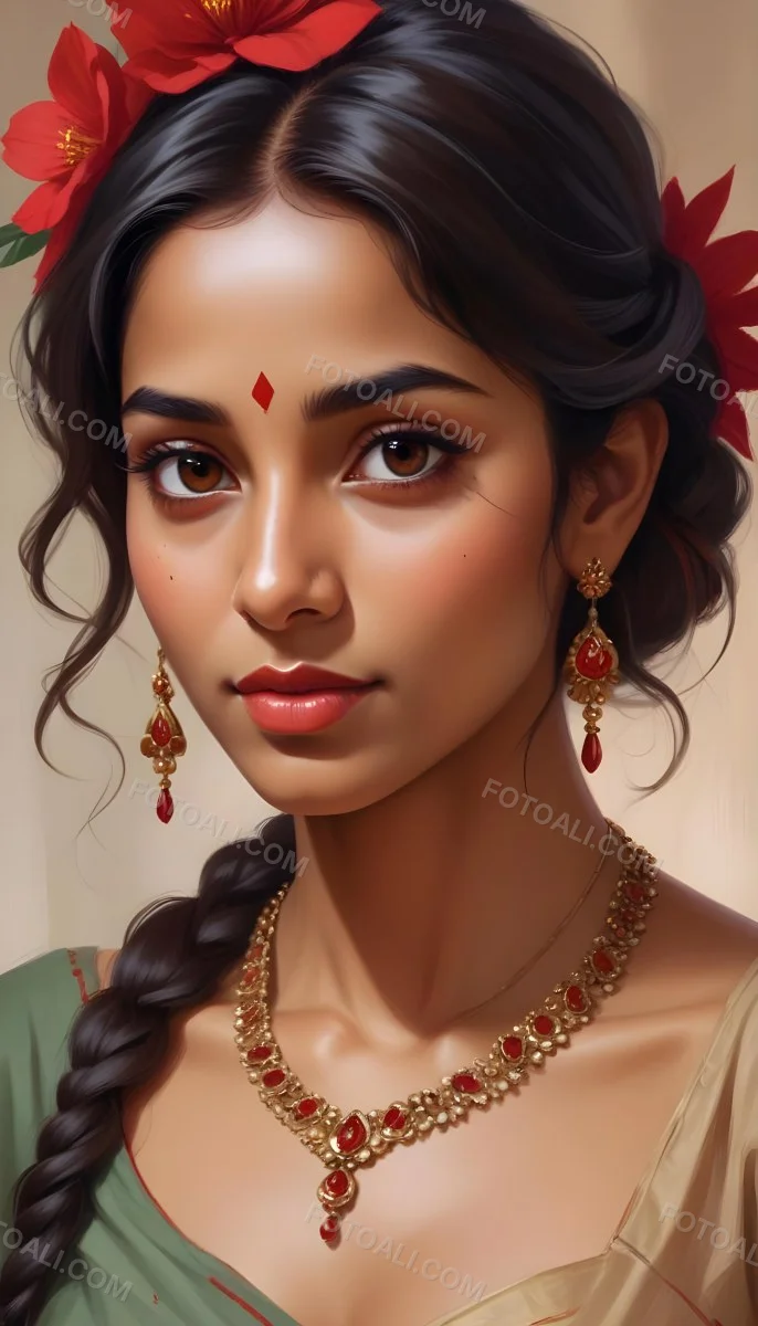 Digital Painting Young South Asian Woman With Medium Brown Skin And Long Dark Wavy Hair Adorned With A Red Flower She Has Large Expressive Brown Eyes And Is Wearing Traditional Jewelry Including A Necklace And Earr 55 51f2