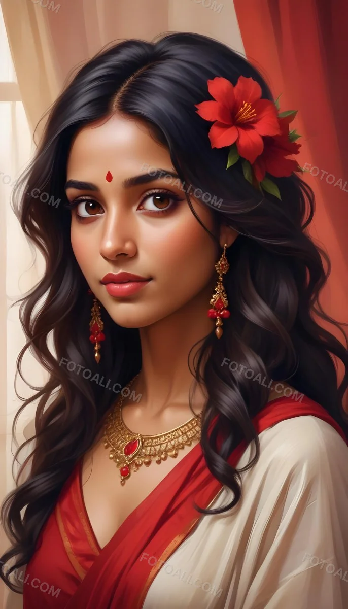 Digital Painting Young South Asian Woman With Medium Brown Skin And Long Dark Wavy Hair Adorned With A Red Flower She Has Large Expressive Brown Eyes And Is Wearing Traditional Jewelry Including A Necklace And Earr 56 F41f