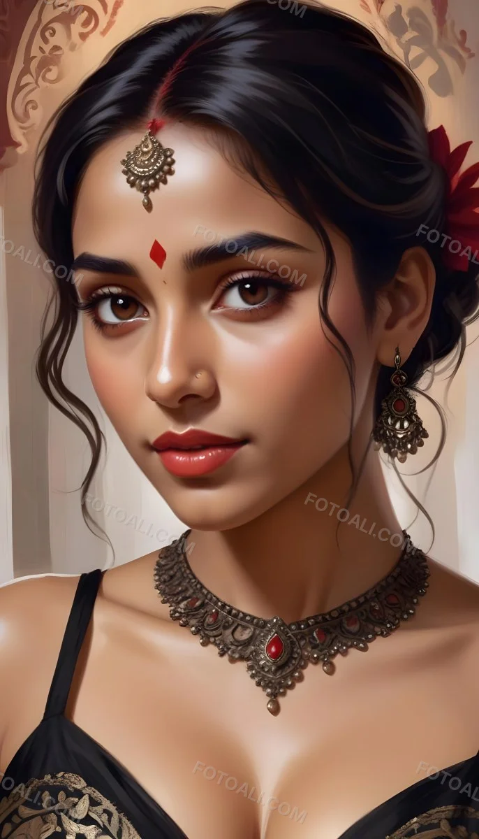 Digital Painting Young South Asian Woman With Medium Brown Skin And Long Dark Wavy Hair Adorned With A Red Flower She Has Large Expressive Brown Eyes And Is Wearing Traditional Jewelry Including A Necklace And Earr 7 Dd58