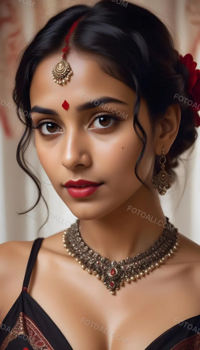 Digital Painting Young South Asian Woman With Medium Brown Skin And Long Dark Wavy Hair Adorned With A Red Flower She Has Large Expressive Brown Eyes And Is Wearing Traditional Jewelry Including A Necklace And Earr 8 A320