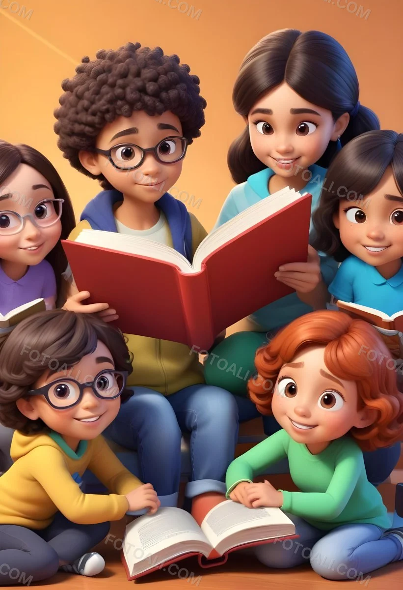 Dorable Cartoon Style Six Mixed Race Kids Of Average Age 8 Reading A Book In A Classroom 3d Render Cartoon 2 0e7d