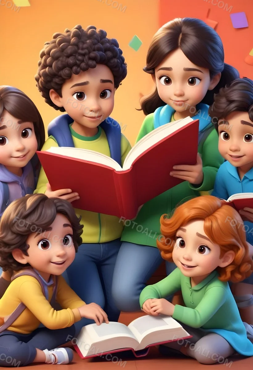 Dorable Cartoon Style Six Mixed Race Kids Of Average Age 8 Reading A Book In A Classroom 3d Render Cartoon 3 6b3d