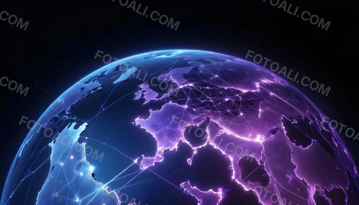 Earth At Night With Illuminated Cities Digital Network Connections Purple And Blue Color Scheme Global Communication Concept Dark Space Background With Stars Futuristic Technology Representation 1 1473