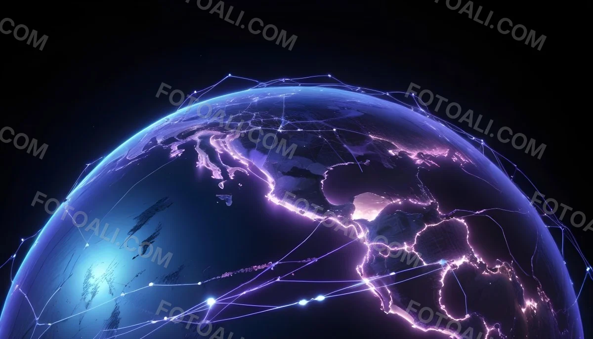 Earth At Night With Illuminated Cities Digital Network Connections Purple And Blue Color Scheme Global Communication Concept Dark Space Background With Stars Futuristic Technology Representation 10 B7f9